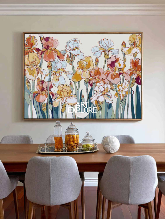 Modern Abstract Floral Art Painting With Teal Stems For Living Room Decor