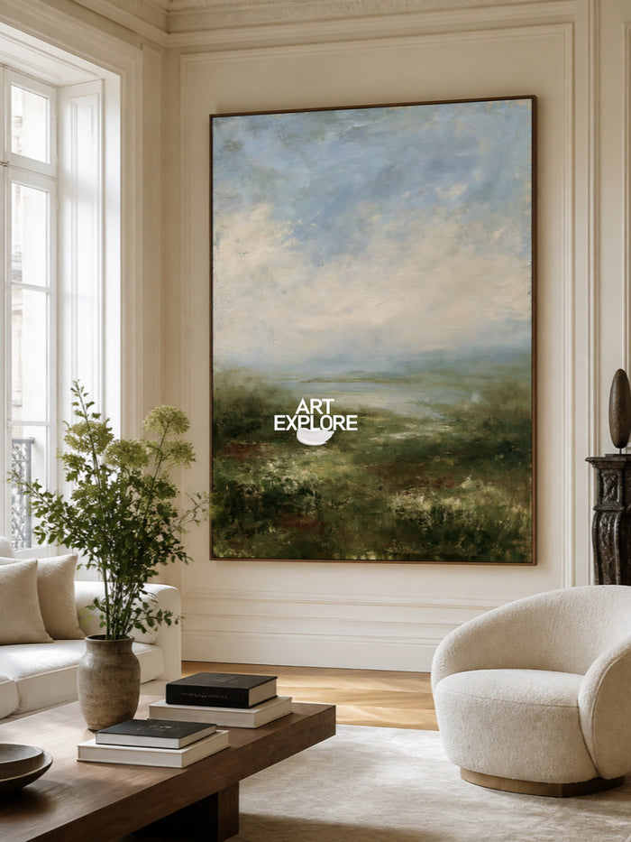 Misty Green Coastal Landscape Hand-Painted Canvas Art For Modern Home