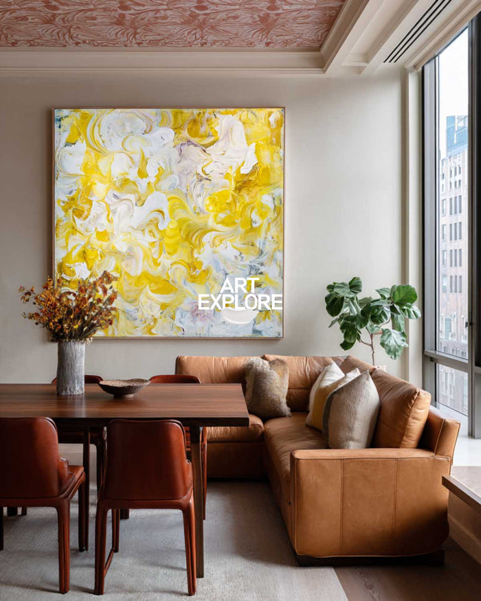 Vibrant Yellow Abstract Painting For Modern Living Room With Dynamic Brushstrokes
