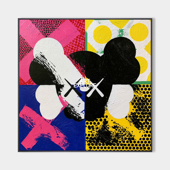 Pop Art Skull Canvas Painting With Bold Black And Colorful Blocks
