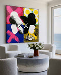 Pop Art Skull Canvas Painting With Bold Black And Colorful Blocks