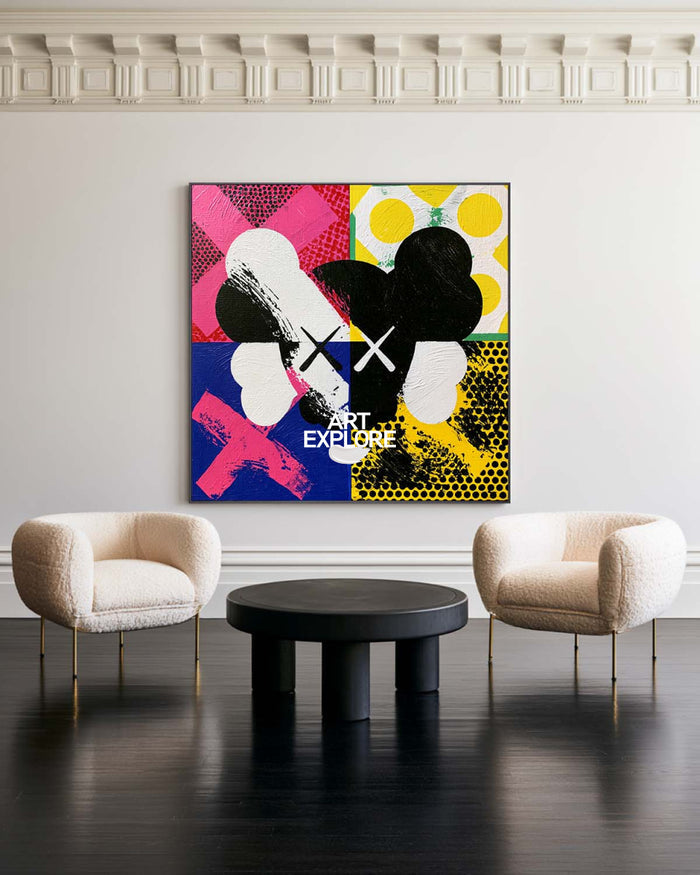 Pop Art Skull Canvas Painting With Bold Black And Colorful Blocks