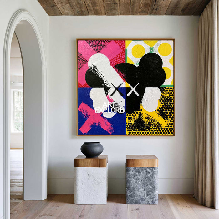 Pop Art Skull Canvas Painting With Bold Black And Colorful Blocks