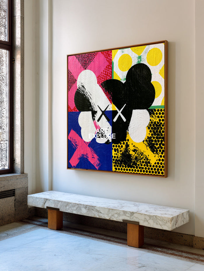 Pop Art Skull Canvas Painting With Bold Black And Colorful Blocks