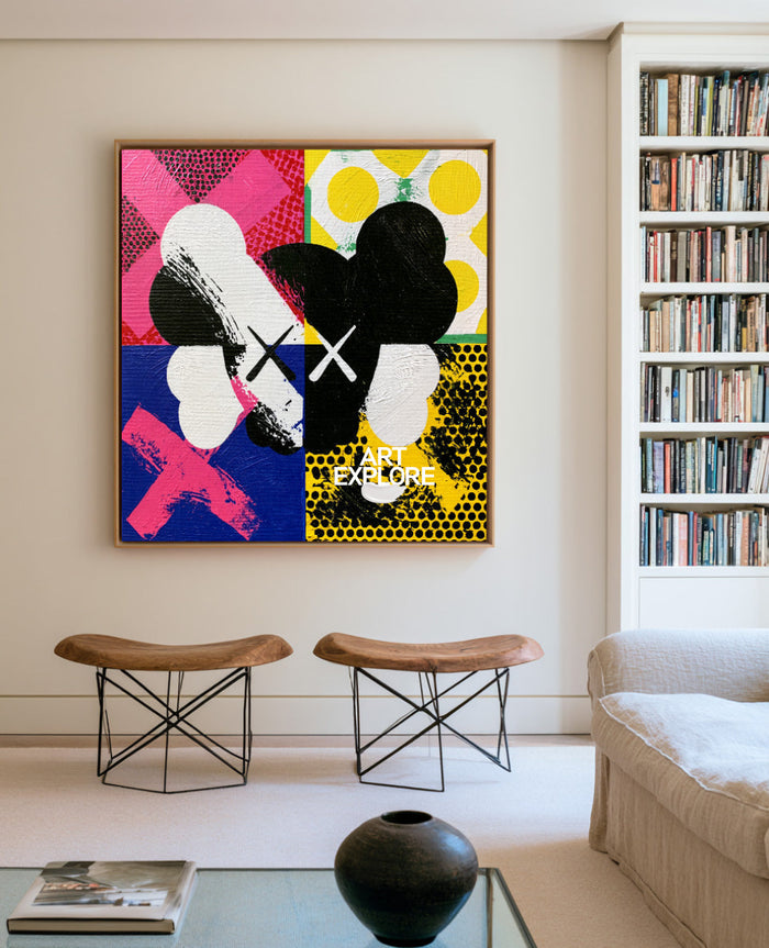 Pop Art Skull Canvas Painting With Bold Black And Colorful Blocks