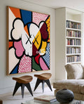 Colorful Pop Art Character Canvas Painting With Dots And Geometric Shapes