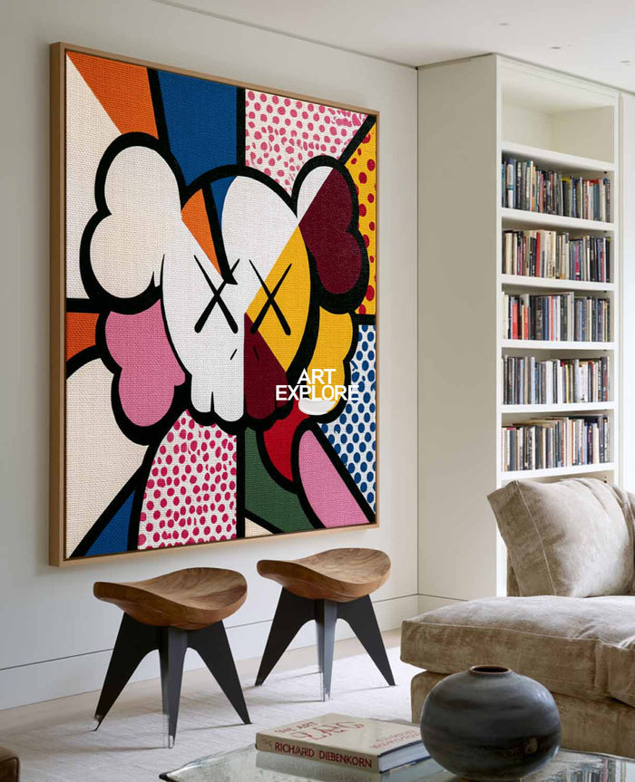 Colorful Pop Art Character Canvas Painting With Dots And Geometric Shapes