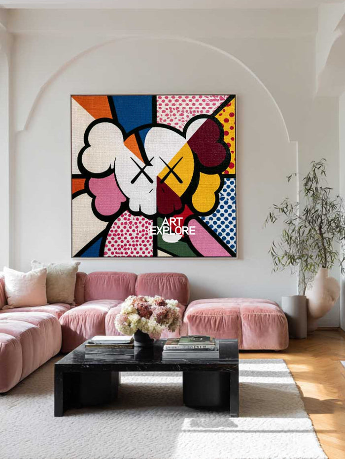 Colorful Pop Art Character Canvas Painting With Dots And Geometric Shapes