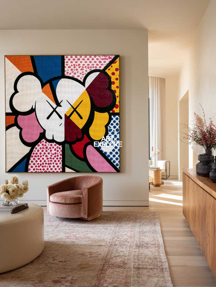 Colorful Pop Art Character Canvas Painting With Dots And Geometric Shapes