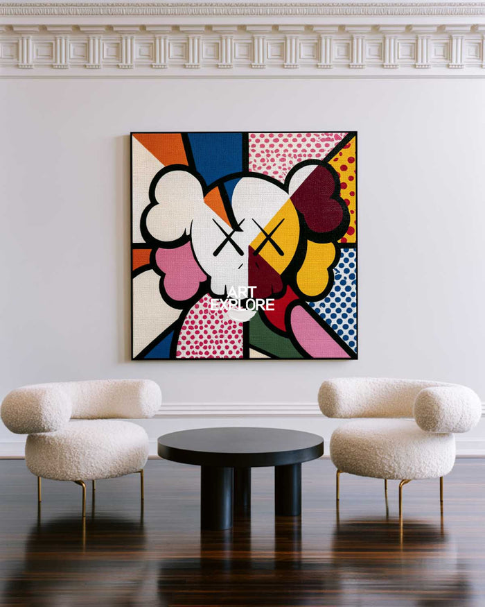 Colorful Pop Art Character Canvas Painting With Dots And Geometric Shapes