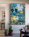 Abstract Graffiti Art Painting With Music Motifs In Blue For Modern Living Room Decor