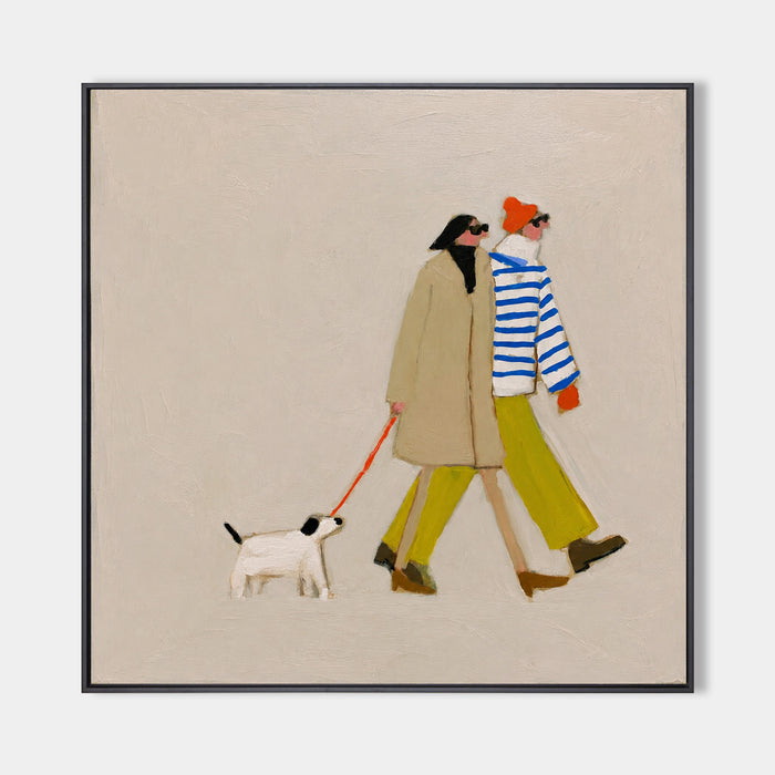 Dog Walking Couple Artwork Square Canvas Print With Vibrant Accents For Entryway