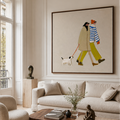 Dog Walking Couple Artwork Square Canvas Print With Vibrant Accents For Entryway