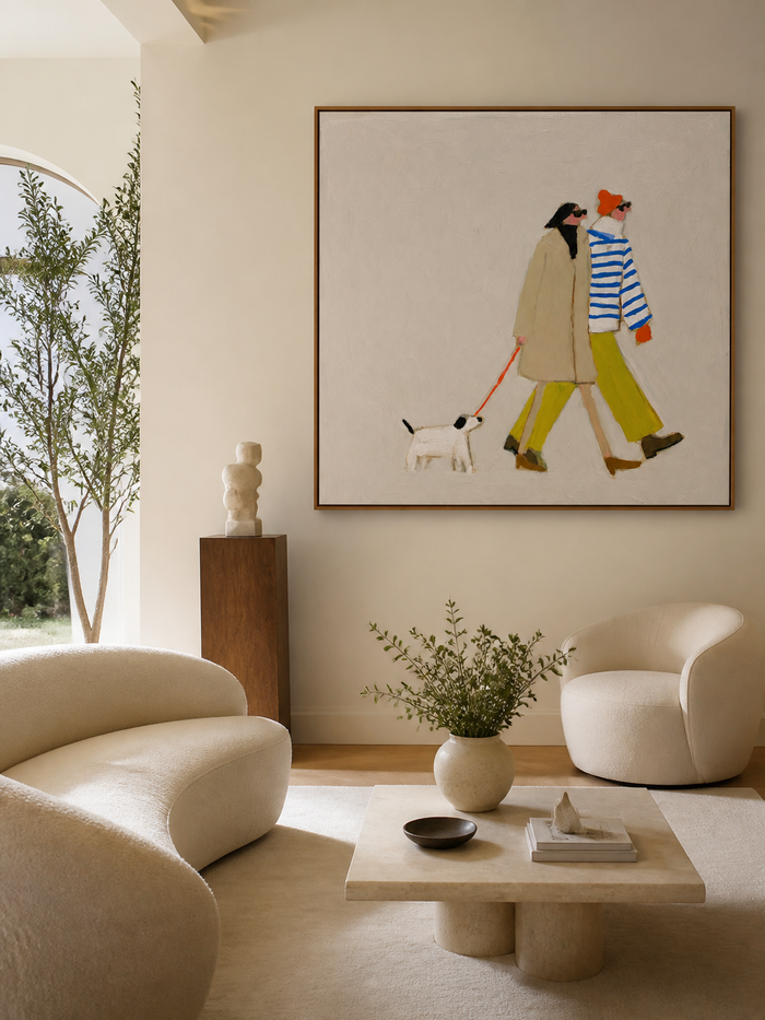 Dog Walking Couple Artwork Square Canvas Print With Vibrant Accents For Entryway