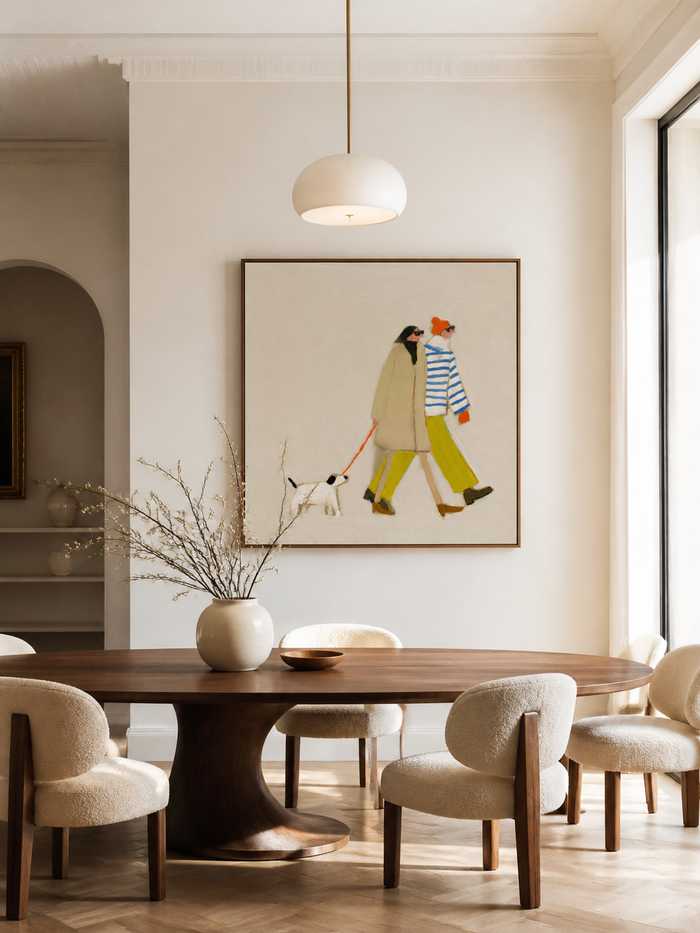 Dog Walking Couple Artwork Square Canvas Print With Vibrant Accents For Entryway