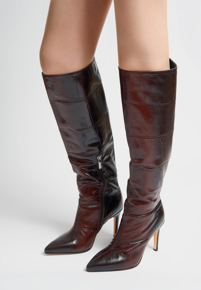 Croc-Embossed Leather Knee-High Boots