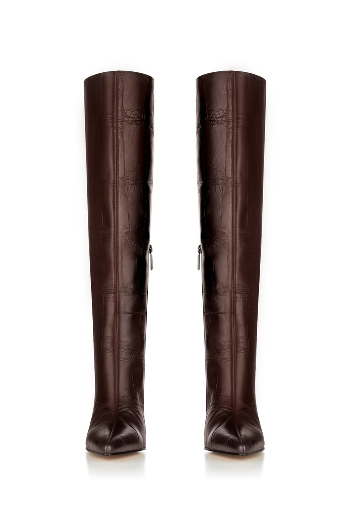 Croc-Embossed Leather Knee-High Boots