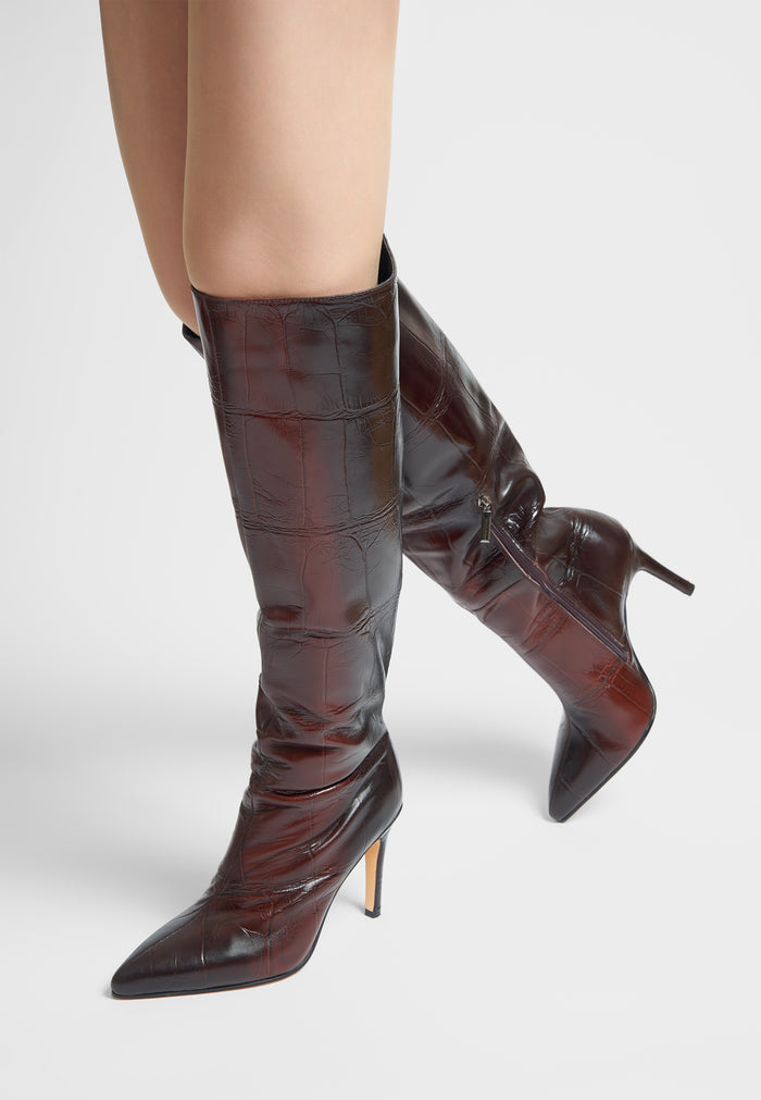 Croc-Embossed Leather Knee-High Boots