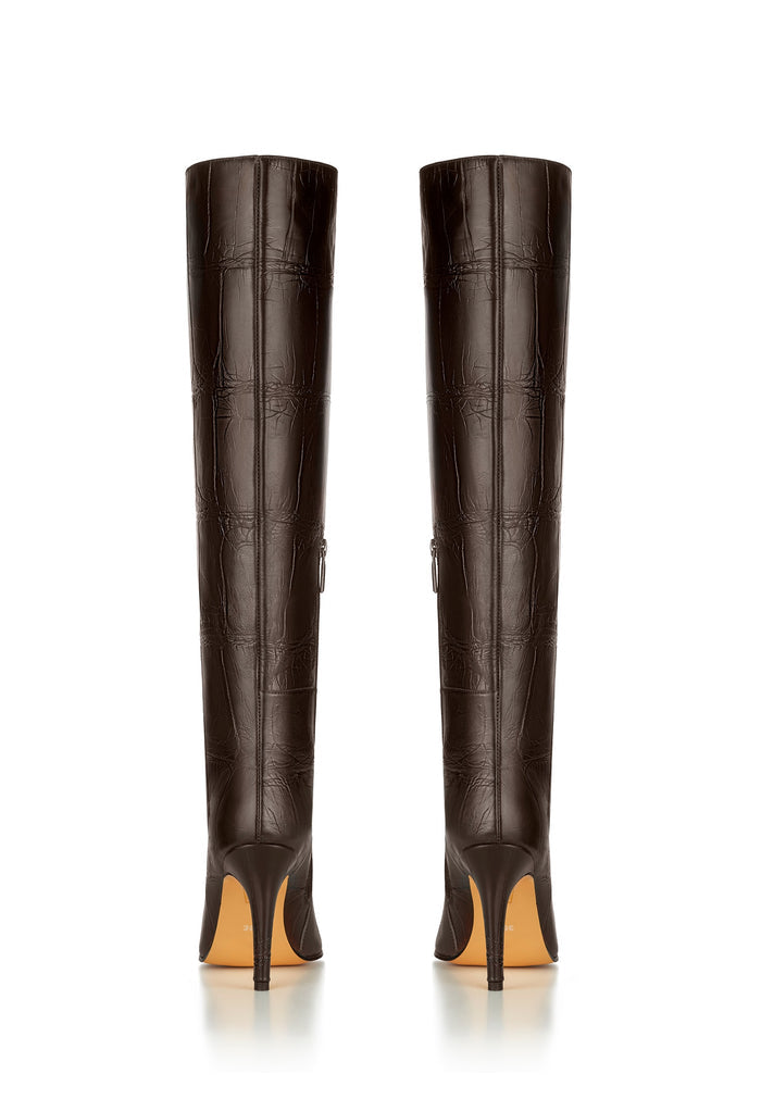 Croc-Embossed Leather Knee-High Boots