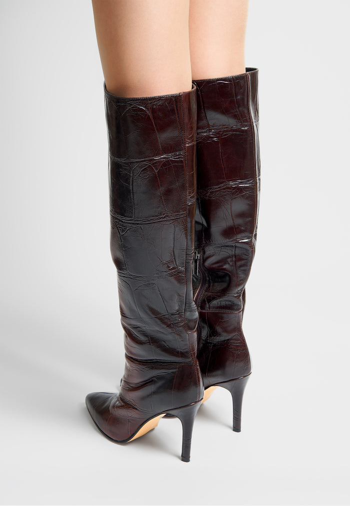 Croc-Embossed Leather Knee-High Boots
