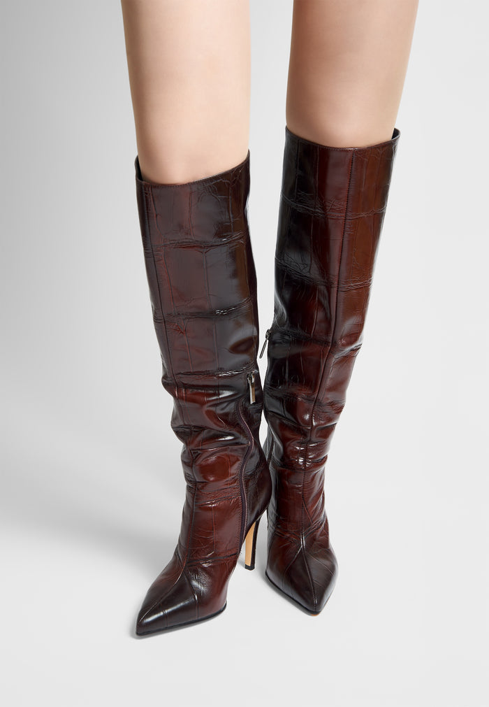 Croc-Embossed Leather Knee-High Boots
