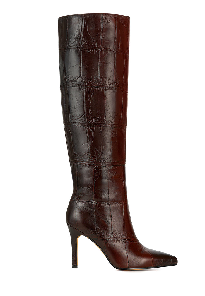 Croc-Embossed Leather Knee-High Boots