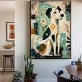 Abstract Dog Painting With Floral Motifs In Beige And Teal For Living Room Decor