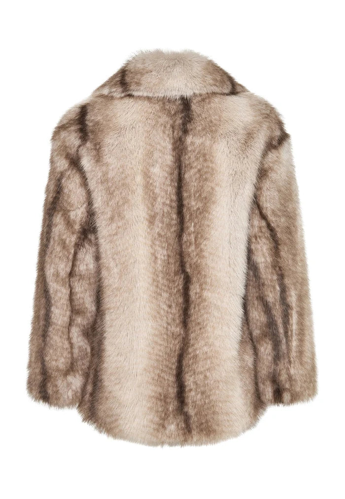 A luxurious brown faux fur coat, perfect for winter outerwear and women's fashion.