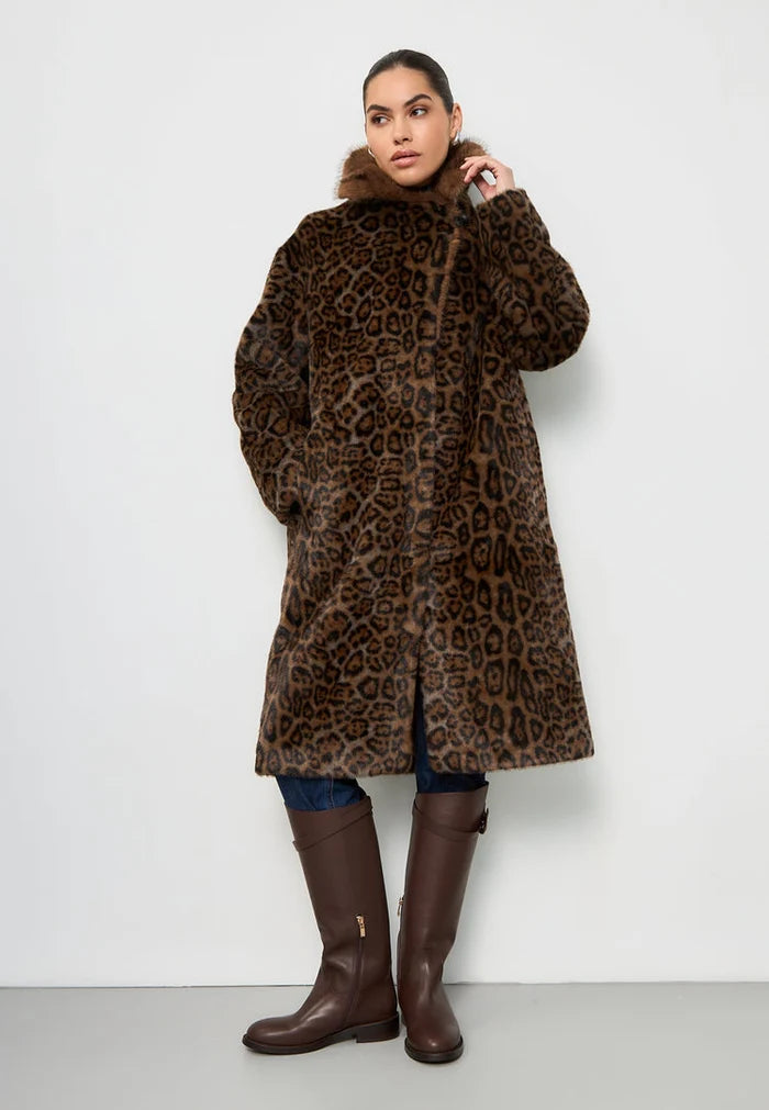 A chic leopard print faux fur coat from Ivy brand, the epitome of stylish outerwear for luxury winter fashion.