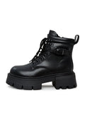 A chic pair of sleek black platform ankle boots for women, perfect for a stylish and elegant look.