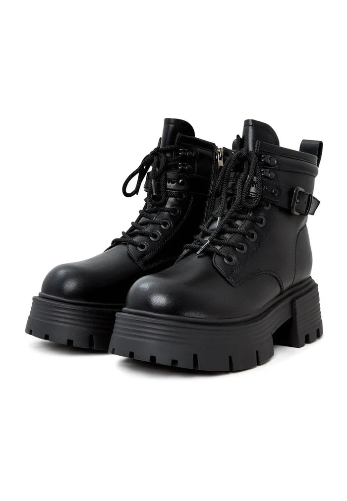 A pair of elegant black platform ankle boots for women, a stylish choice to elevate any outfit.