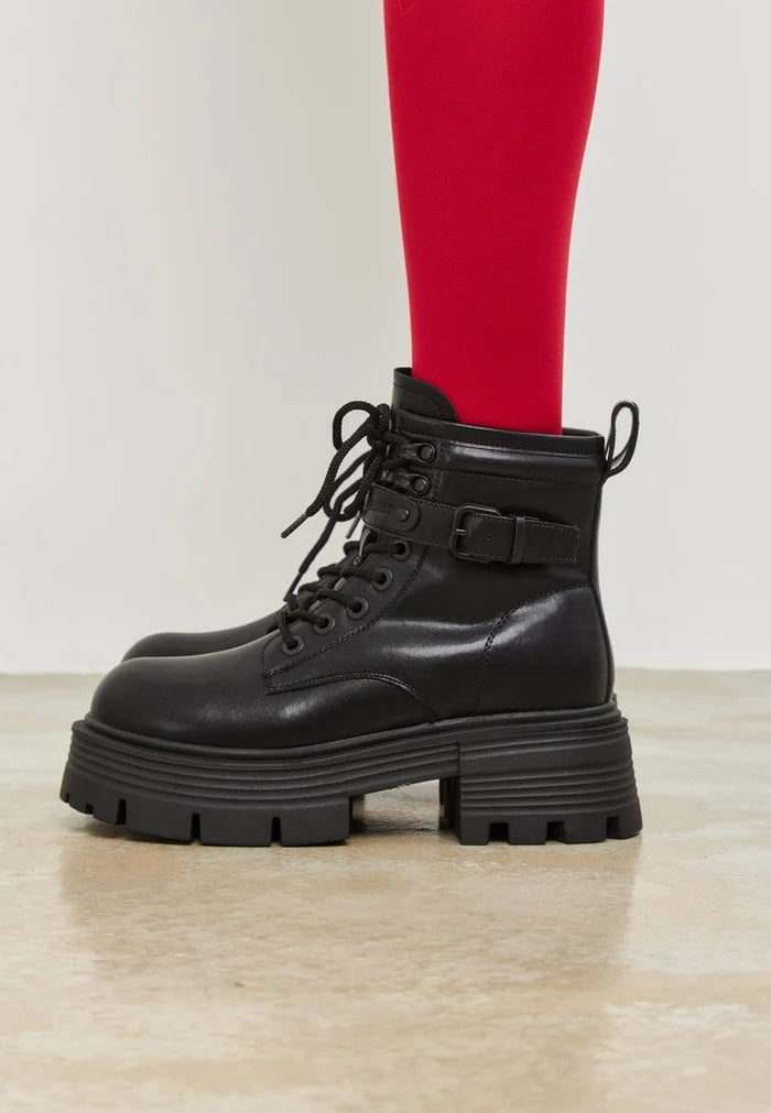 A stylish pair of elegant black platform ankle boots for women.