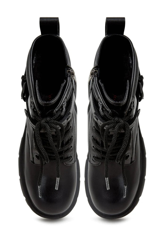 A stylish pair of black platform ankle boots, perfect for women looking for elegant and trendy footwear.