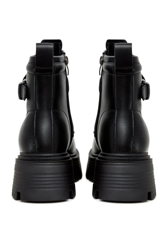 A fashionable pair of elegant black ankle boots with a stylish platform design for women.
