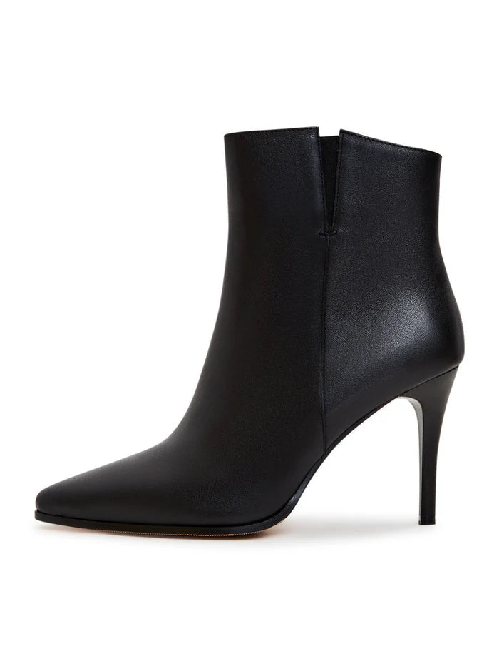 A stylish pair of black leather heeled boots with elevated heels, perfect for those looking for high heel boots as fashionable footwear.