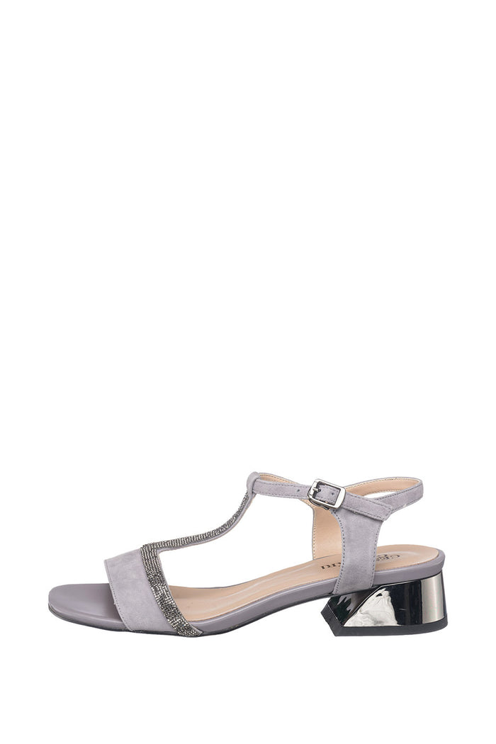 Embellished T-Bar Leather Sandals – Grey