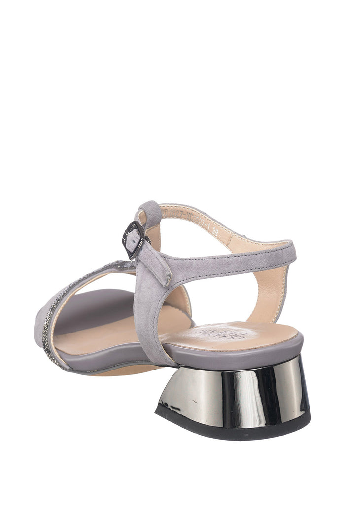 Embellished T-Bar Leather Sandals – Grey