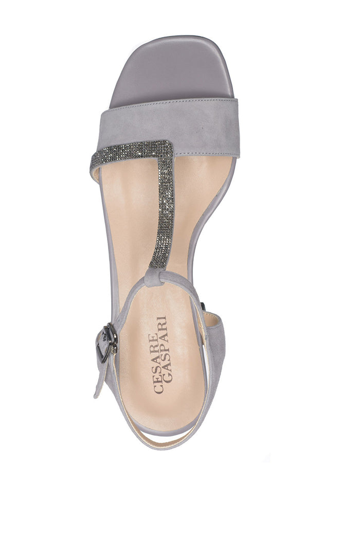 Embellished T-Bar Leather Sandals – Grey