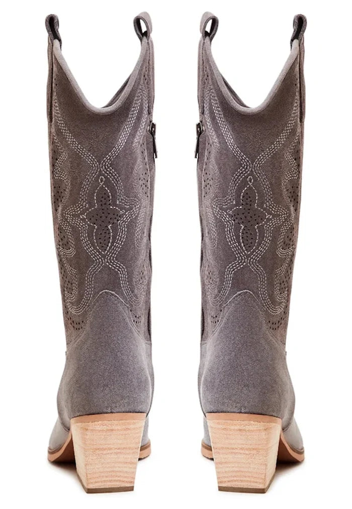Embroidered Leather Cowboy Boots - Gray