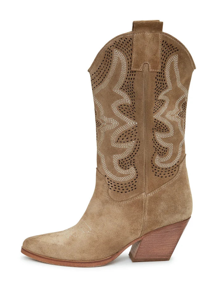 A close-up image of handcrafted embroidered leather cowboy boots in a unique light brown design, showcasing traditional western style footwear.