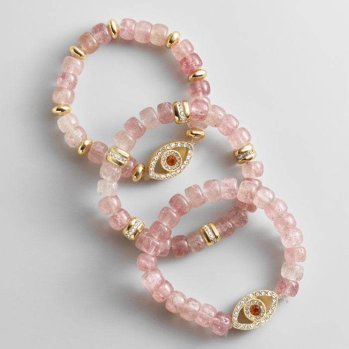 Energy Aligned Evil Eye Bracelet Set - Rose Quartz