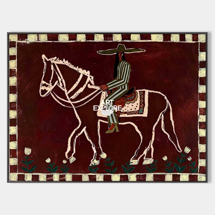 Original Folk Art Painting Of Horse And Rider In Red For Living Room Decor