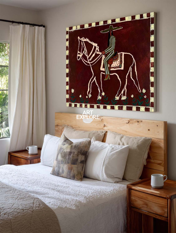 Original Folk Art Painting Of Horse And Rider In Red For Living Room Decor