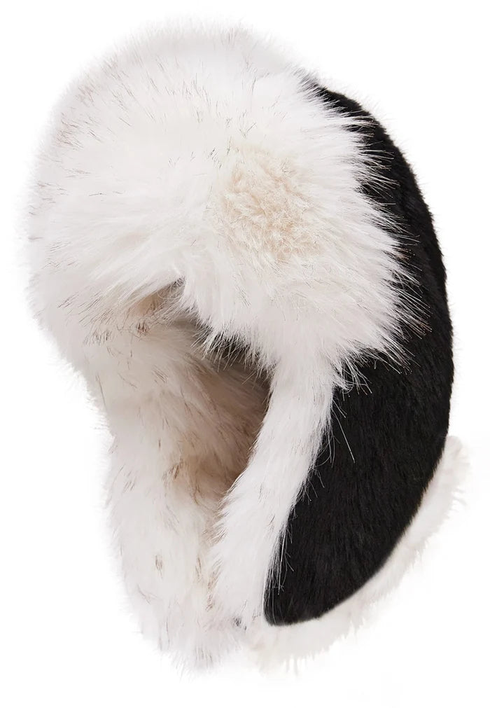 Stylish Irina faux fur hat in black and white, ideal for winter fashion.