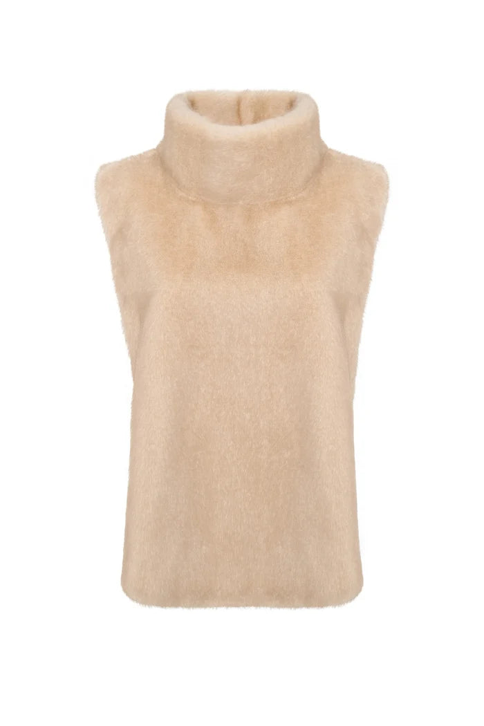 Faux Fur Sleeveless Sculpted Top with Collar – Beige