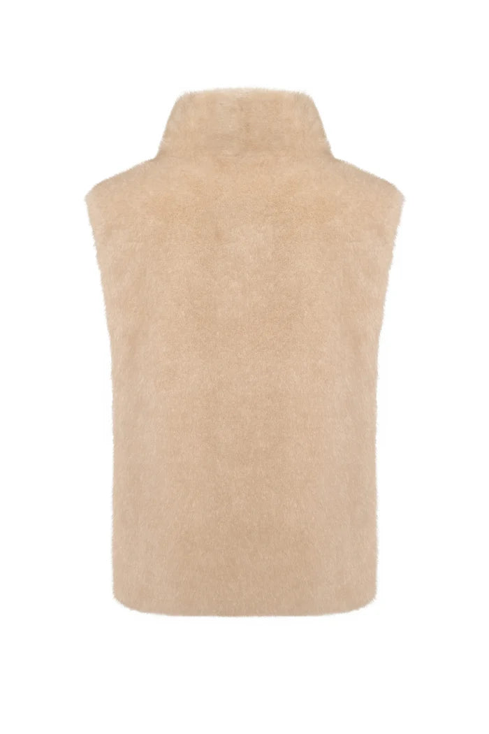 Faux Fur Sleeveless Sculpted Top with Collar – Beige