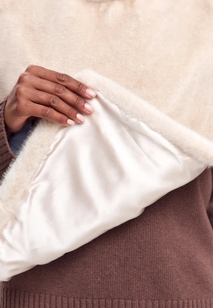 Faux Fur Sleeveless Sculpted Top with Collar – Beige