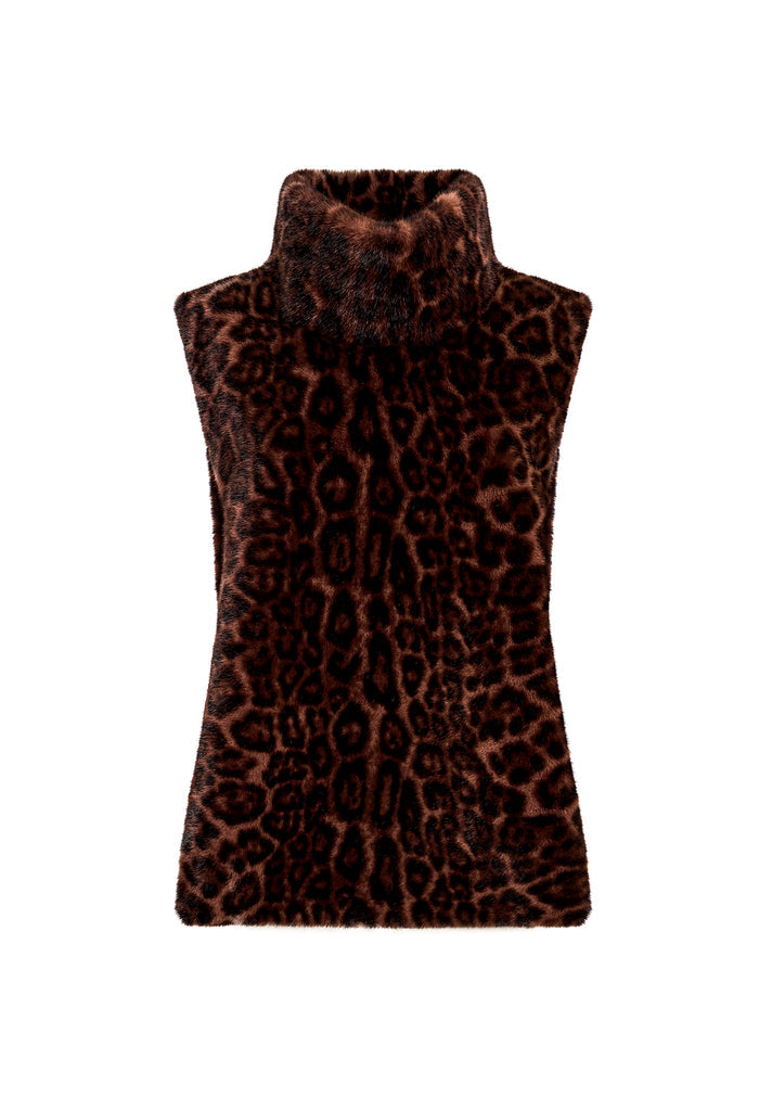 Faux Fur Sleeveless Sculpted Top with Collar – Brown Leopard