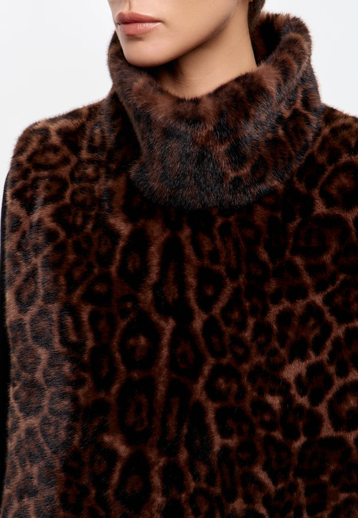 Faux Fur Sleeveless Sculpted Top with Collar – Brown Leopard