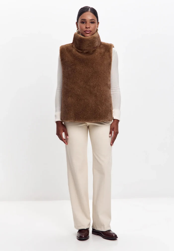Faux Fur Sleeveless Sculpted Top with Collar – Brown